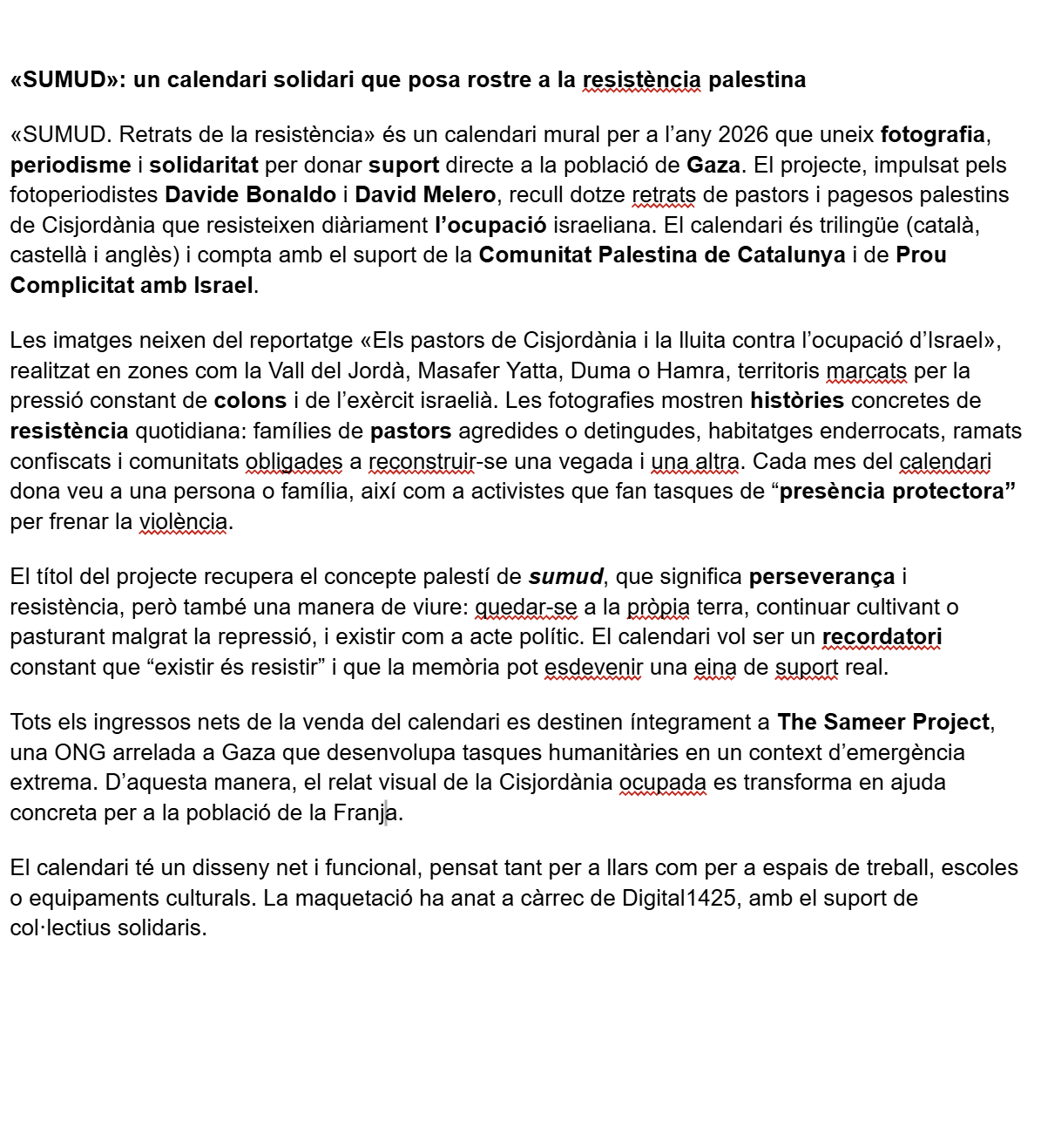 Calendario Solidario Palestina 2026