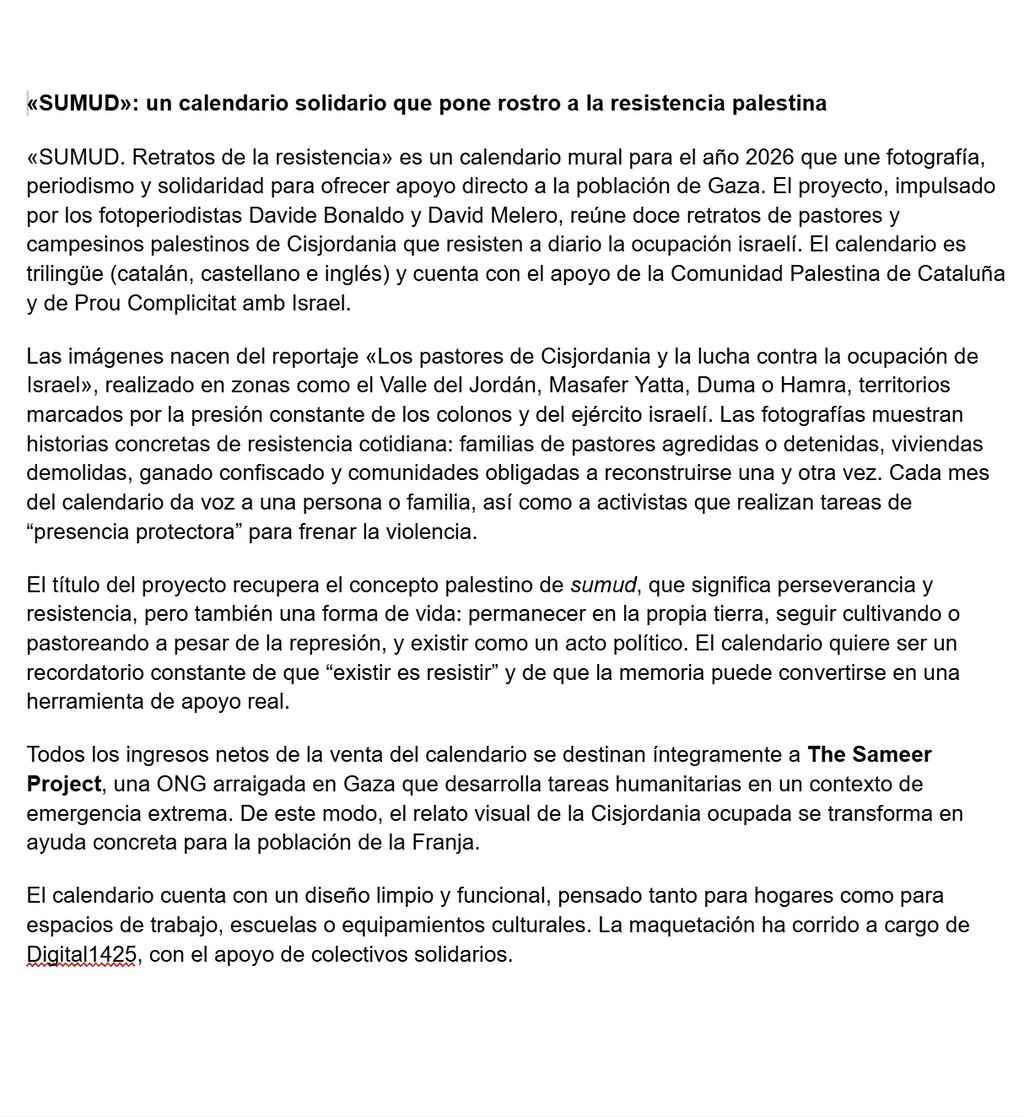 Calendario Solidario Palestina 2026